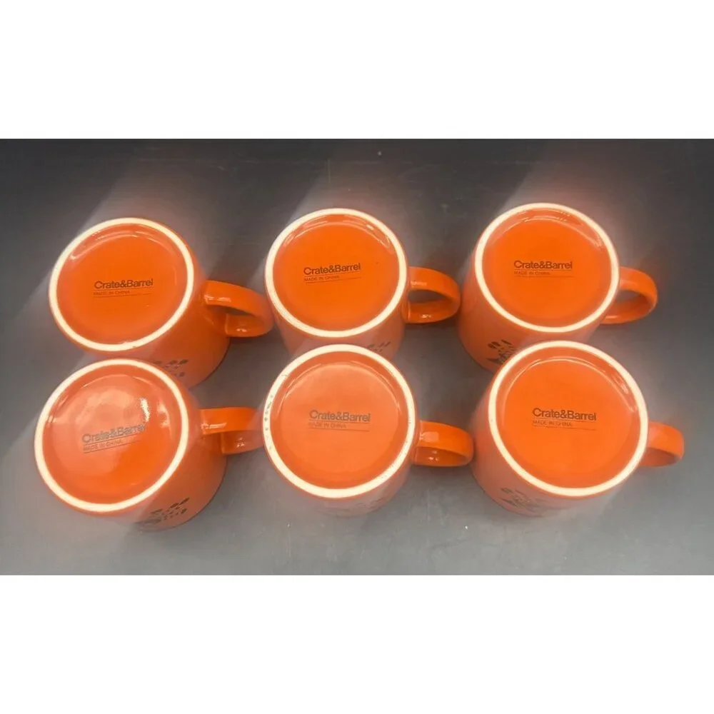 Crate & Barrel Orange Black Spider Ceramic Halloween Mugs 6oz Set‎ Of 6